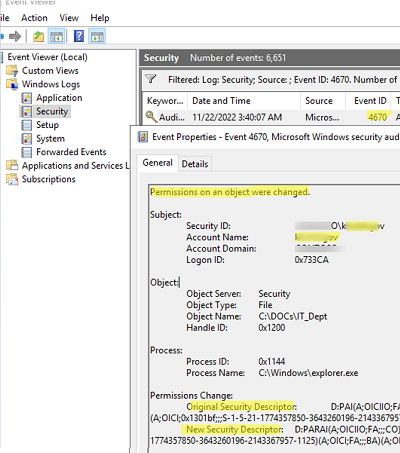 EventID 4670 - get user who changed folder NTFS permissions