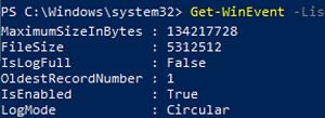 Get-WinEvent - view MaximumSizeInBytes and FileSize