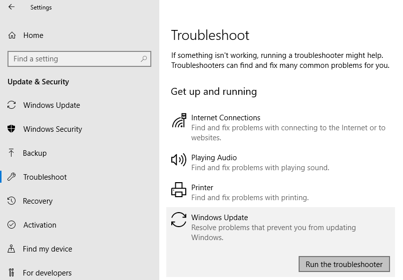 run the windows update troubleshooter