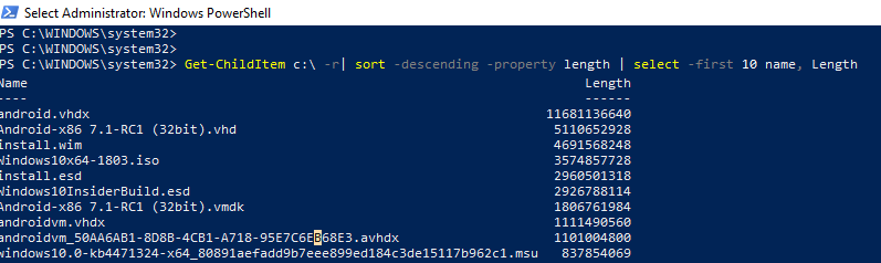 using Get-ChildItem to find top 10 large file on a computer