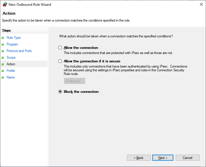 windows firewall block connection