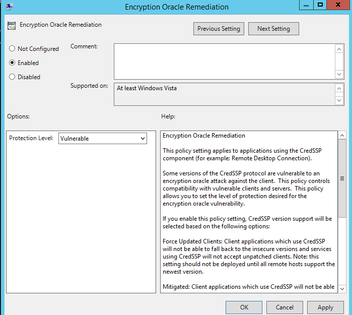 Allow Vulnerable CredSSP rdp connection