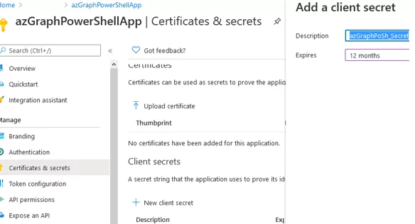 create a secret for azure application