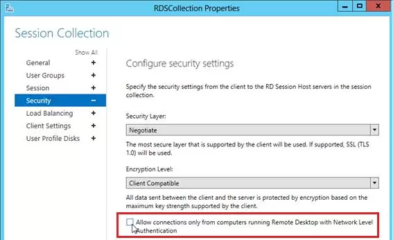 disable nla on windows server 2012 r2 RDS