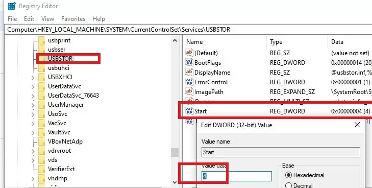 disable usbstor service in registry