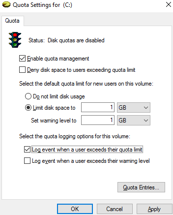 enable quota management on windows 10/server 2016