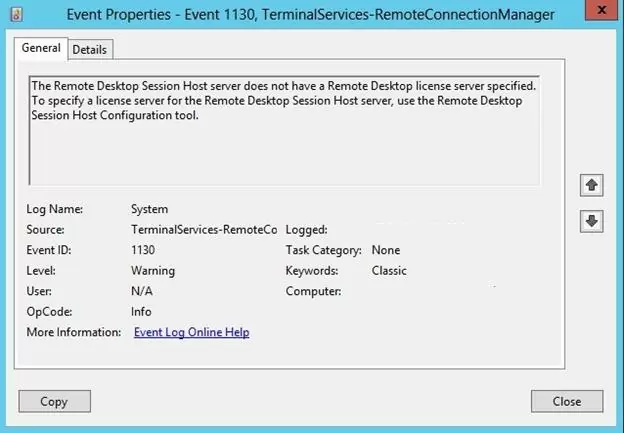 Event ID : 1130 Source : TerminalServices-RemoteConnectionManager