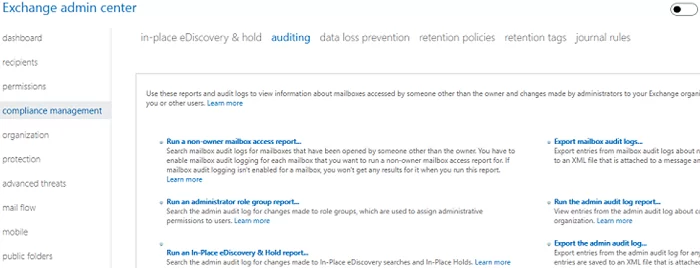 exchange online compliance management - export mailbox audit logs
