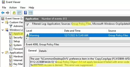 gpo copy file error: 0x80070005 access denied event id 4098
