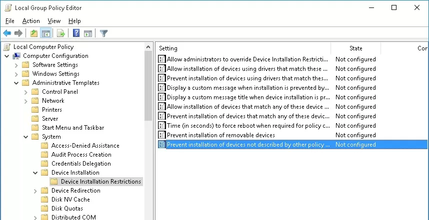 Prevent installation of devices not described by other policy