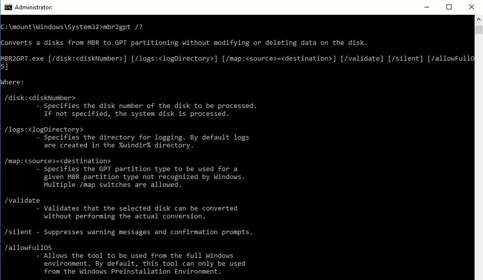 mbr2gpt utility in WIndows 10