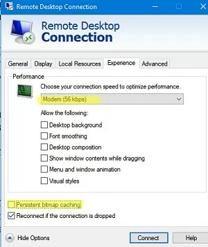 mstsc rdp client: disable bitmap caching