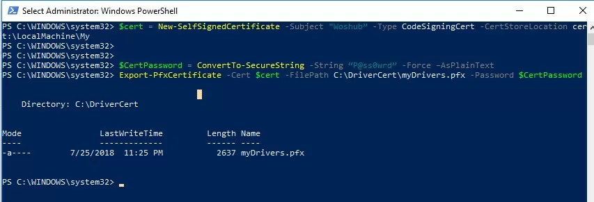 New-SelfSignedCertificate create cert using powershell