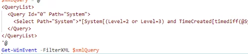 Using FilterXml option with Get-WinEvent 
