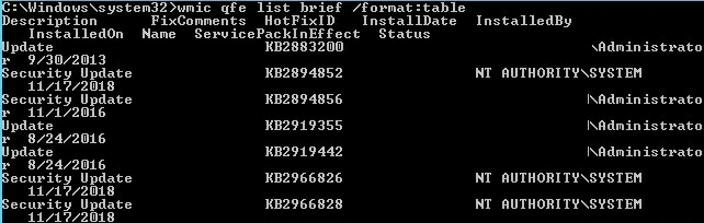 wmic qfe list brief - show list of the installed windows updates on a computer